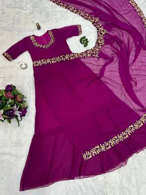 Rani Pink  COLOUR BEAUTIFUL GEORGETTE FABRIC GOWN STYLE STITCHED SAREE 4