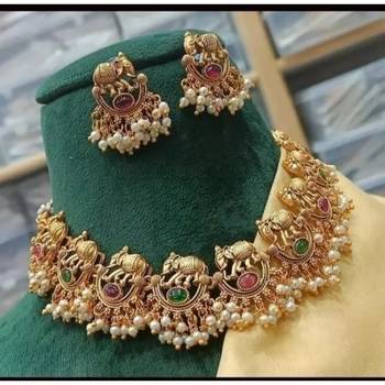 Exquisite elephant motif gold Necklace :: set with pearl accents - traditional indian jewelry" 1