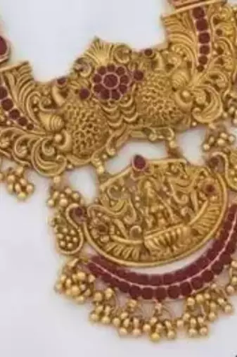 Exquisite Antique Gold Temple Jewellery Set with Rich Ruby Accents | Traditional South Indian Bridal Haaram and Jhumkas