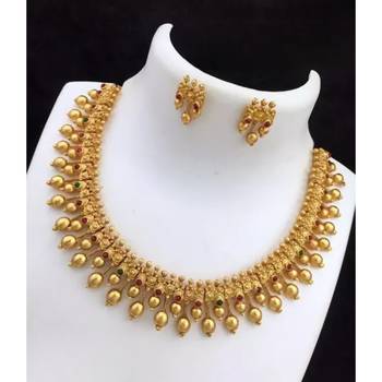 Elegant gold-plated guttapusalu necklace set with multicolor stones - traditional south indian jewelry 1