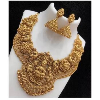 Antique gold temple jewelry set: intricate lakshmi Necklace :: with jhumka earrings 1