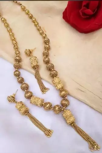 Elegant gold beaded tassel Necklace :: - traditional indian long chain jewelry