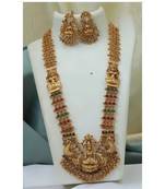Regal gold-plated lakshmi temple jewelry set - antique finish long necklace and jhumka earrings