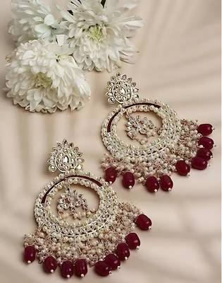 Luxury kundan pearl chandbali earrings with ruby drops  traditional wedding statement earrings 1