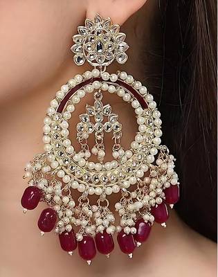 Luxury kundan pearl chandbali earrings with ruby drops  traditional wedding statement earrings 2