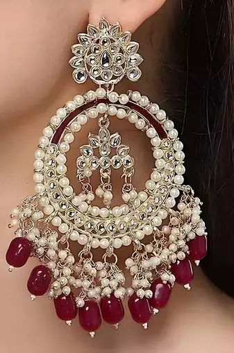 Luxury kundan pearl chandbali earrings with ruby drops  traditional wedding statement earrings
