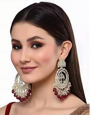 Luxury kundan pearl chandbali earrings with ruby drops  traditional wedding statement earrings 3