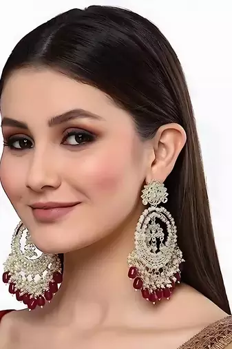 Luxury kundan pearl chandbali earrings with ruby drops  traditional wedding statement earrings