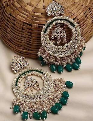 Luxury kundan pearl chandbali earrings with green drops traditional wedding statement earrings 1