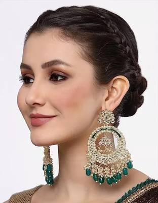 Luxury kundan pearl chandbali earrings with green drops traditional wedding statement earrings 2