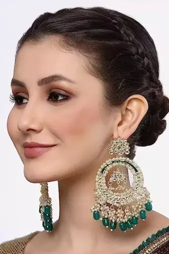 Luxury kundan pearl chandbali earrings with green drops traditional wedding statement earrings