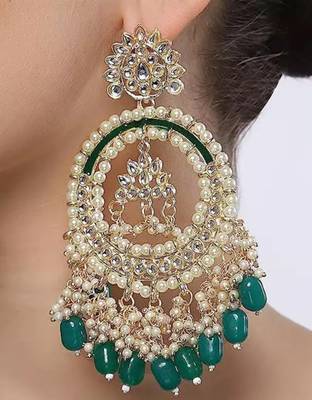 Luxury kundan pearl chandbali earrings with green drops traditional wedding statement earrings 3