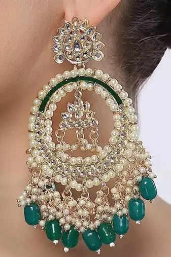 Luxury kundan pearl chandbali earrings with green drops traditional wedding statement earrings