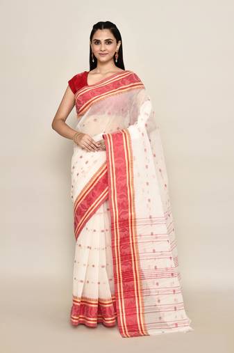 Pure cotton buti work tant tangail saree without blouse fabric