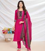  magenta blend viscose silk ethnic motifs straight kurta with pant & printed dupatta