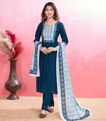  teal blue blend viscose silk ethnic motifs straight kurta with pant & printed dupatta