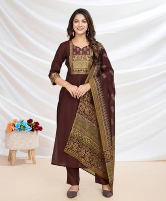  brown blend viscose silk ethnic motifs straight kurta with pant & printed dupatta 1