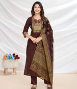  brown blend viscose silk ethnic motifs straight kurta with pant & printed dupatta
