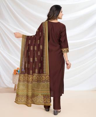  brown blend viscose silk ethnic motifs straight kurta with pant & printed dupatta 2