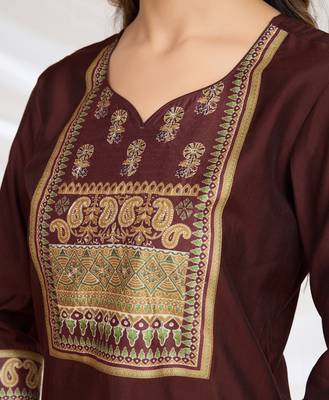  brown blend viscose silk ethnic motifs straight kurta with pant & printed dupatta 3