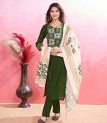  green blend viscose silk ethnic motifs straight kurta with pant & printed dupatta