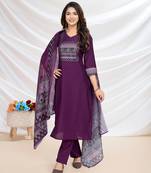  purple blend viscose silk ethnic motifs straight kurta with pant & printed dupatta
