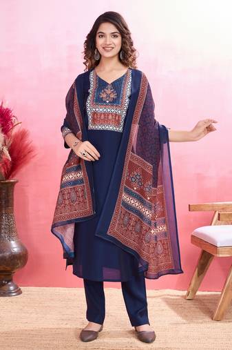  navy blue blend viscose silk ethnic motifs straight kurta with pant & printed dupatta