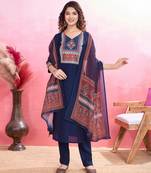  navy blue blend viscose silk ethnic motifs straight kurta with pant & printed dupatta