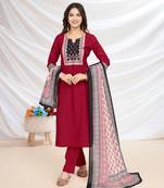  red blend viscose silk ethnic motifs straight kurta with pant & printed dupatta