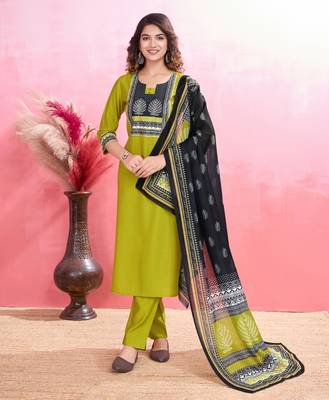  lime green blend viscose silk geometric straight kurta with pant & printed dupatta 1