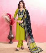  lime green blend viscose silk geometric straight kurta with pant & printed dupatta