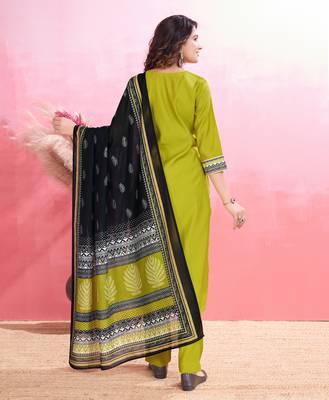  lime green blend viscose silk geometric straight kurta with pant & printed dupatta 2