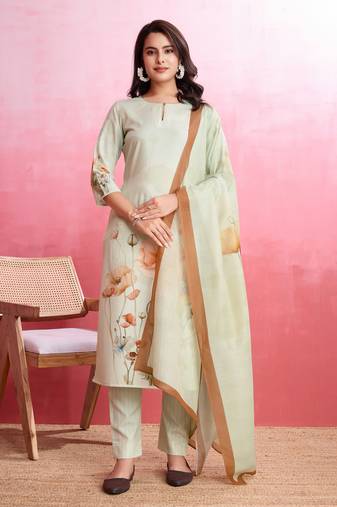 Mojilaa women's light green american crepe floral & leaf straight kurta with pant & printed dupatta