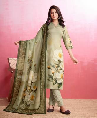  dark green american crepe floral & leaf straight kurta with pant & printed dupatta 1