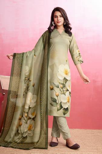  dark green american crepe floral & leaf straight kurta with pant & printed dupatta