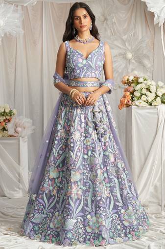 Mauve Net Sequins embroidery Semi-Stitched Lehenga choli & Dupatta