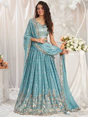 Turquoise blue Georgette Sequin embroidery Semi-Stitched Lehenga choli & Dupatta 1