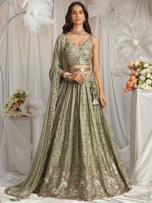 Lime Green Georgette Sequin embroidery Lehenga choli & Dupatta 3