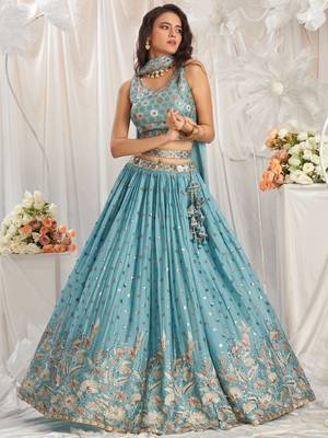 Turquoise blue Georgette Sequin embroidery Semi-Stitched Lehenga choli & Dupatta 3