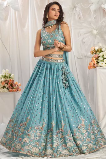Turquoise blue Georgette Sequin embroidery Semi-Stitched Lehenga choli & Dupatta