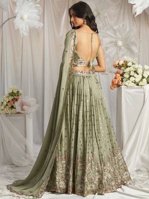 Lime Green Georgette Sequin embroidery Lehenga choli & Dupatta 4