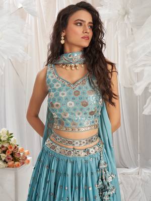 Turquoise blue Georgette Sequin embroidery Semi-Stitched Lehenga choli & Dupatta 4