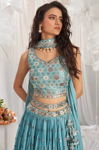 Turquoise blue Georgette Sequin embroidery Semi-Stitched Lehenga choli & Dupatta