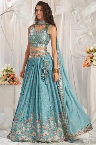 Turquoise blue Georgette Sequin embroidery Semi-Stitched Lehenga choli & Dupatta