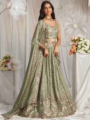 Lime Green Georgette Sequin embroidery Lehenga choli & Dupatta 5