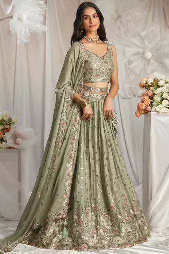 Lime Green Georgette Sequin embroidery Lehenga choli & Dupatta