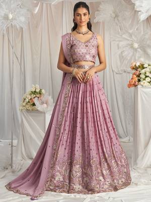 Lilac Georgette Sequins and Thread Embroidered Lehenga 1
