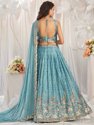 Turquoise blue Georgette Sequin embroidery Semi-Stitched Lehenga choli & Dupatta 6