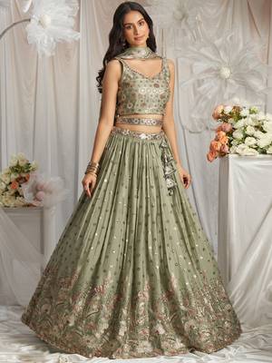 Lime Green Georgette Sequin embroidery Lehenga choli & Dupatta 1