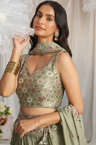 Lime Green Georgette Sequin embroidery Lehenga choli & Dupatta